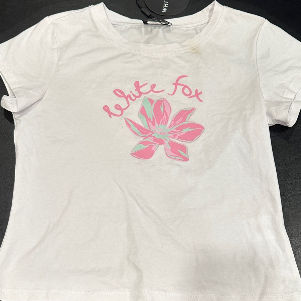 White Fox Boutique White Tee with Pink Floral Script